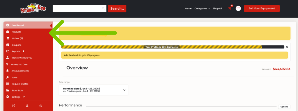 This is your Seller Dashboard. Click on Products to See or add your listings.