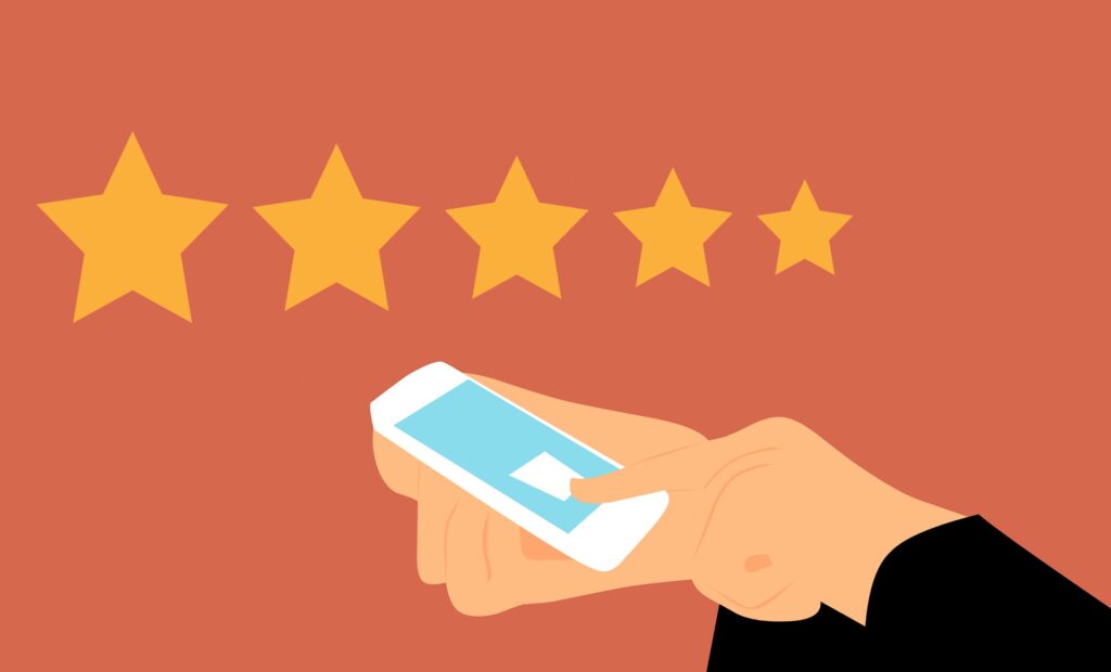 5 star image with a person holding a mobile device, indicating they are leaving a 5 star review on something.